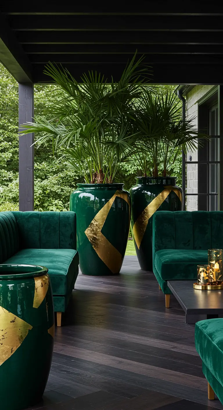 Grands pots vert émeraude brillants avec des formes abstraites en feuille d'or.