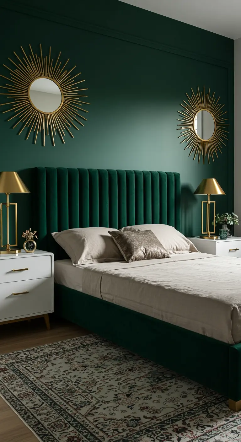 Chambre luxueuse avec murs et tête de lit en velours vert émeraude et des accents dorés.