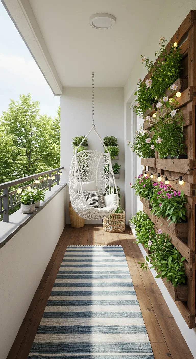 Petit balcon avec chaise suspendue blanche, jardin vertical fleuri et tapis rayé bleu et blanc.