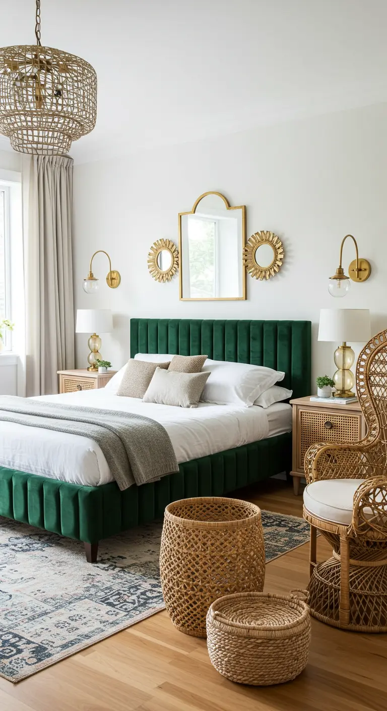 Chambre chic avec un lit en velours vert, des miroirs dorés et des appliques en laiton.