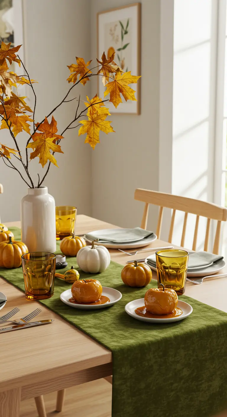 Table moderne avec chemin de table vert, feuilles jaunes et verres ambrés.