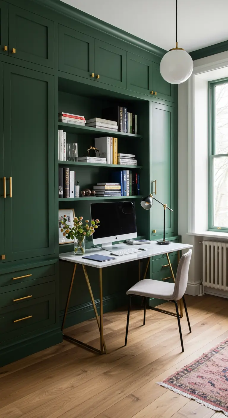 Bureau intégré dans une bibliothèque peinte en vert forêt avec des poignées dorées