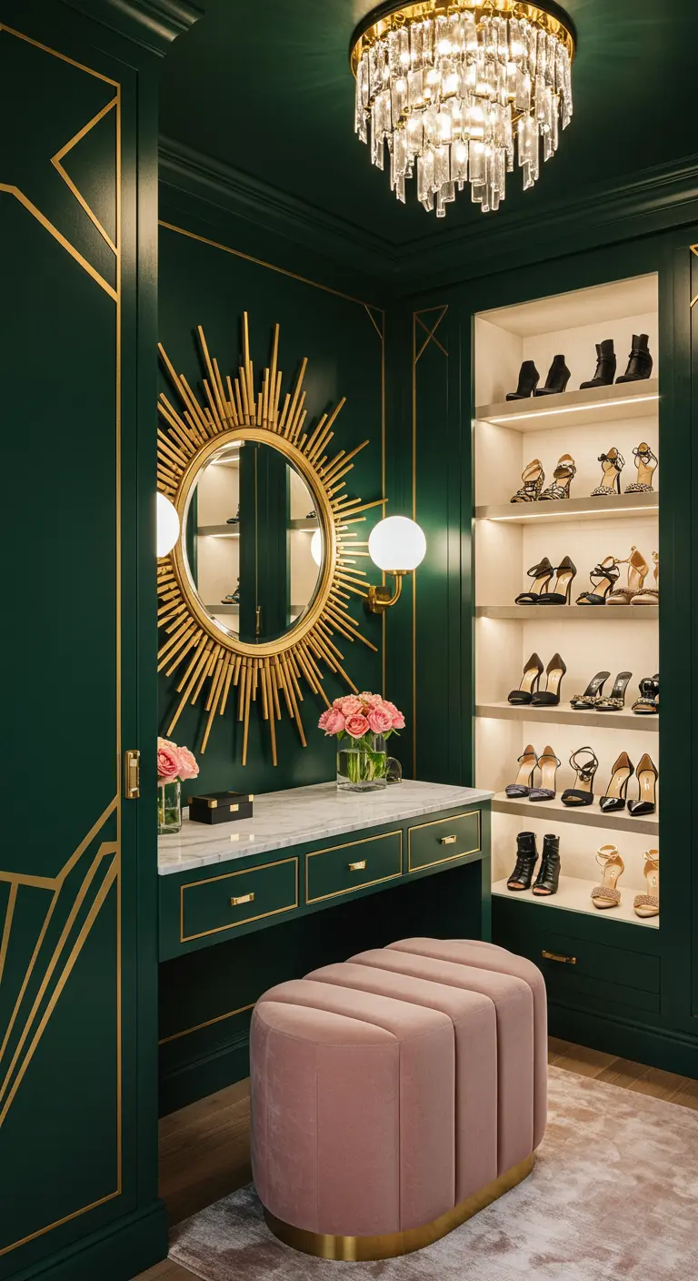 Coin coiffeuse vert émeraude avec des détails dorés, un miroir soleil et un pouf rose.