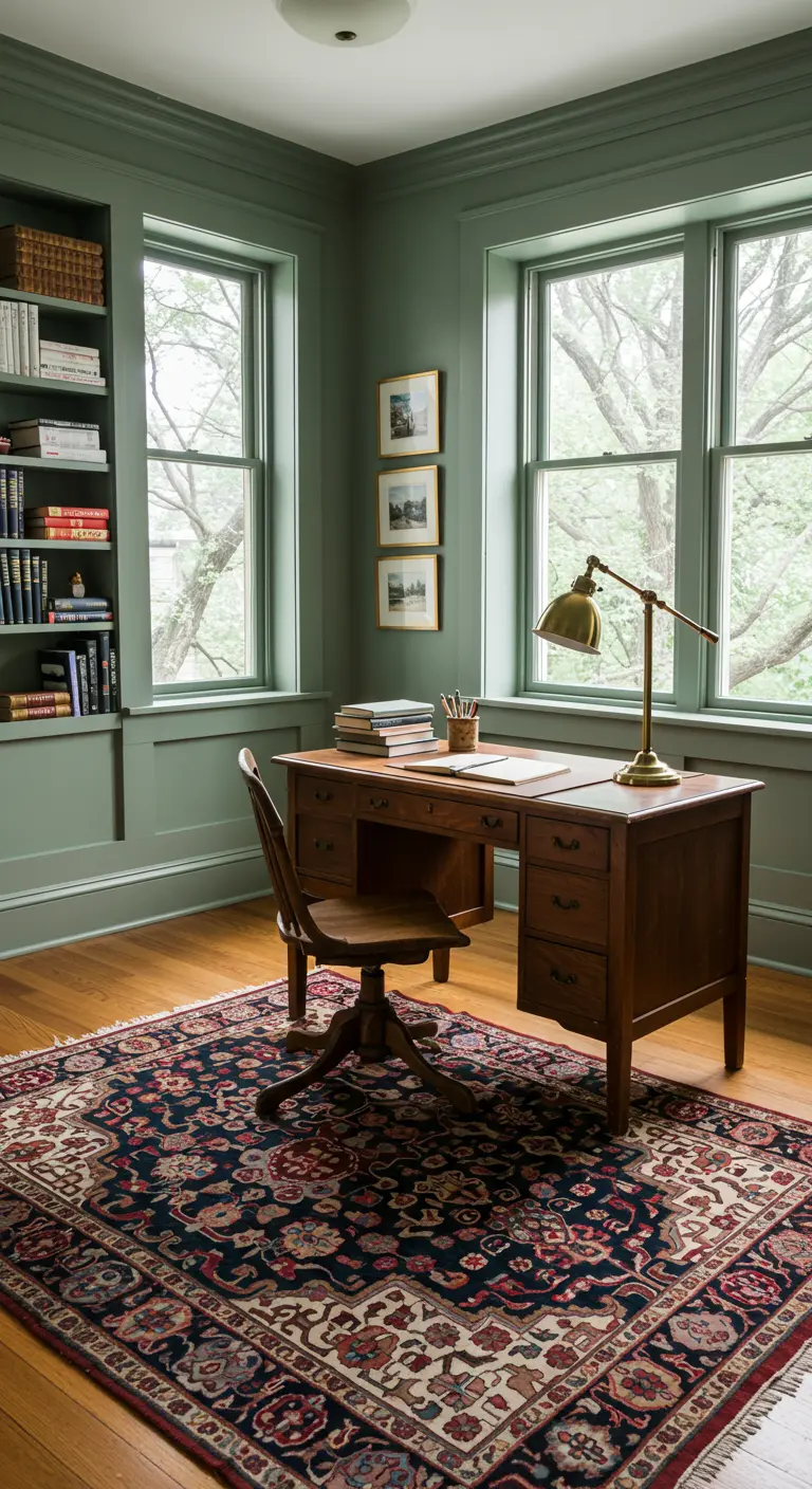 Bureau en bois dans une pièce aux murs vert sauge, avec un tapis persan traditionnel.