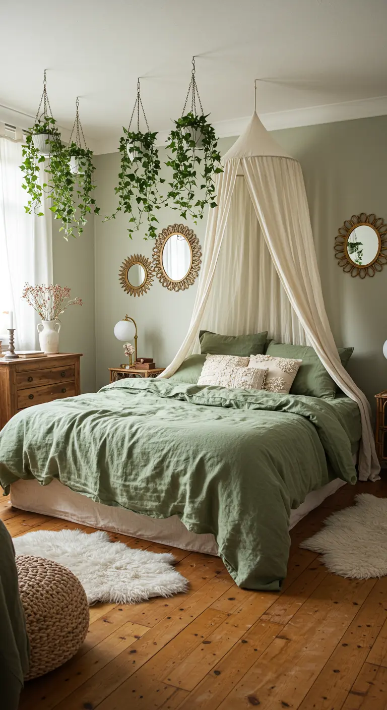 Chambre vert sauge avec un lit à baldaquin et des plantes suspendues au plafond.
