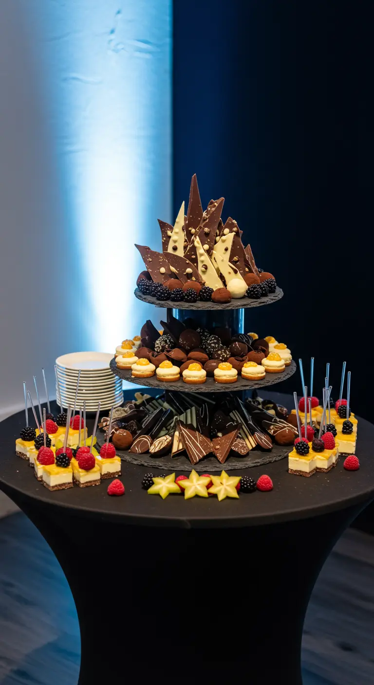 Présentoir à trois étages de créations chocolatées architecturales et de mignardises fruitées.