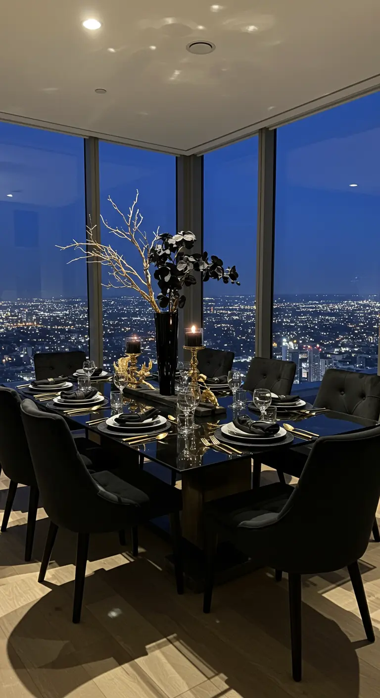 Table noire dans un appartement avec vue, centrée sur une grande branche dorée.