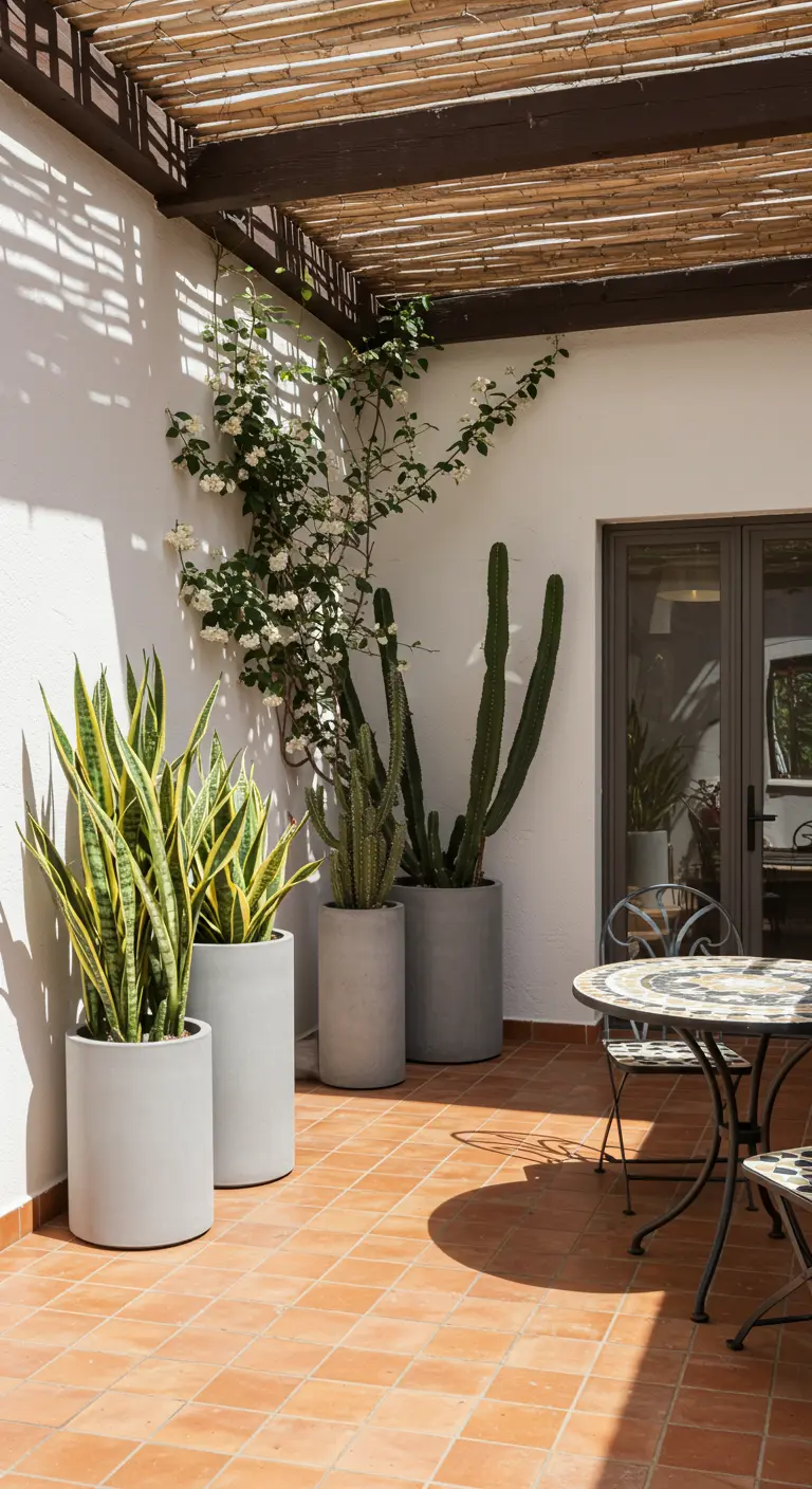 Trois grands pots cylindriques en béton clair avec des Sansevieria et des cactus colonnaires sur un patio en terre cuite.
