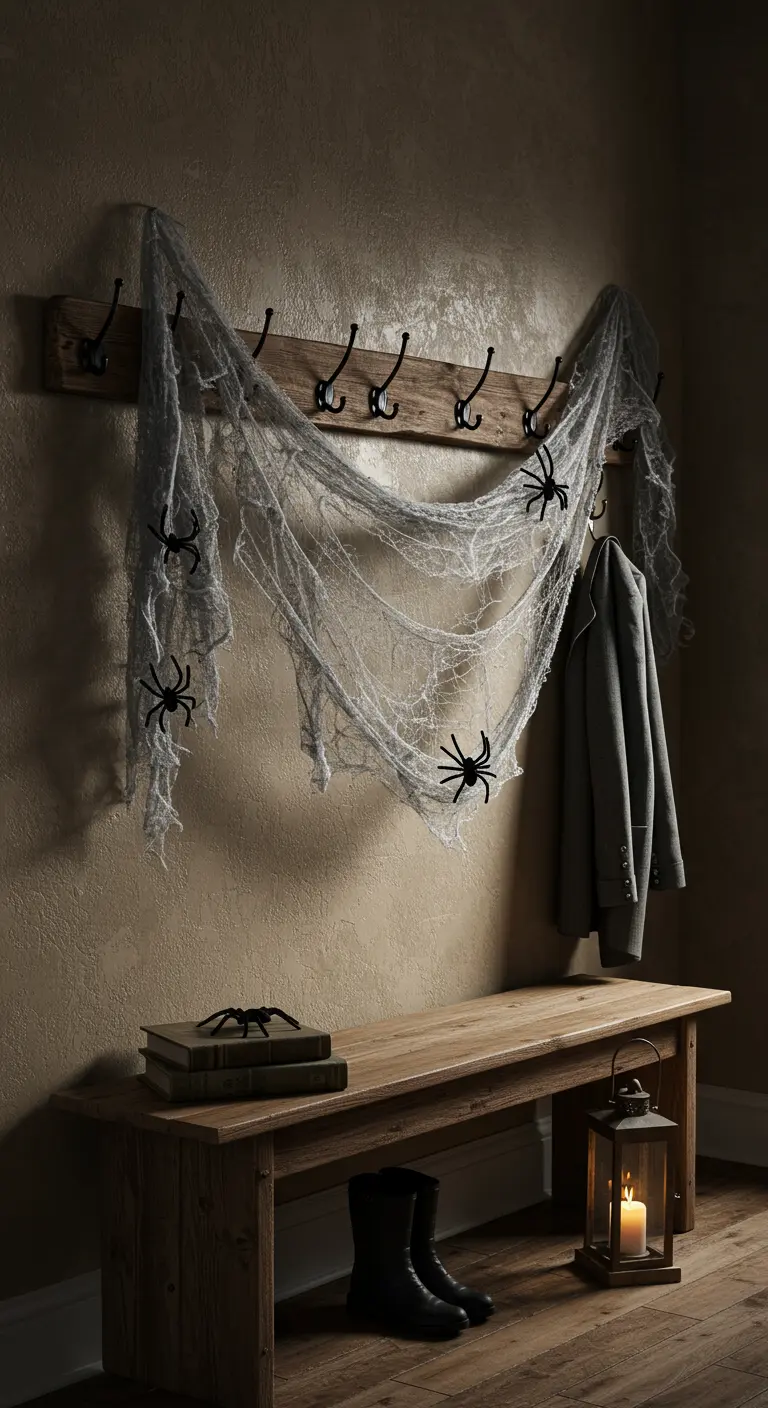 Un porte-manteau en bois dans une entrée, couvert de fausse toile d'araignée et de quelques araignées noires.