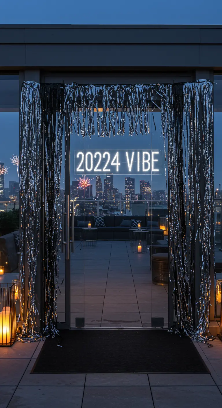 Portes vitrées sur rooftop avec rideaux argentés, néon 