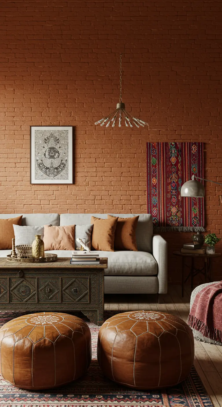 Salon ethnique chic avec mur de briques couleur terracotta et poufs en cuir.
