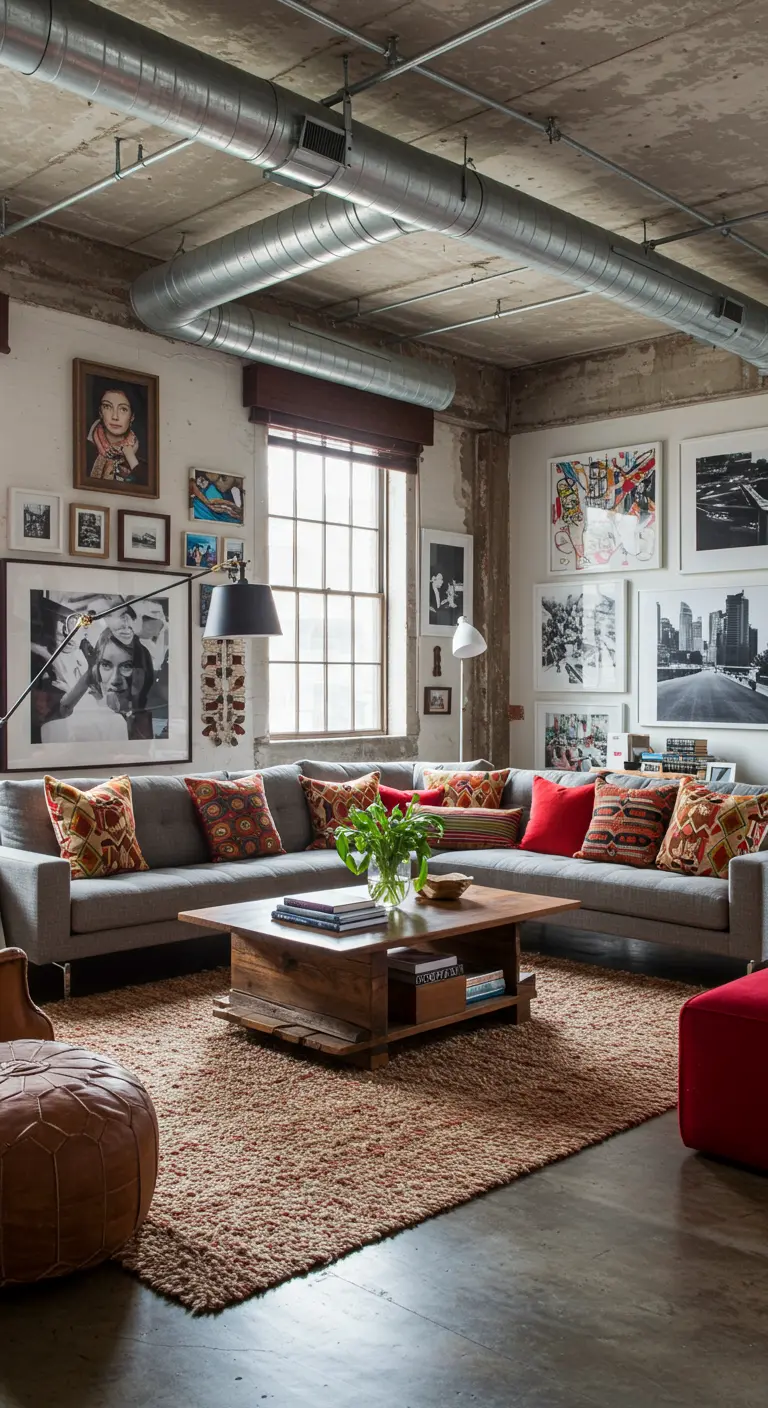 Salon loft industriel avec un grand canapé gris et un mur de galerie d'art urbain.