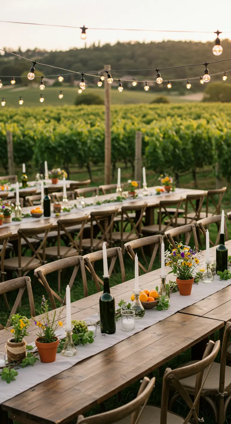 Tables de mariage dans un vignoble, décorées de fleurs, fruits et bougies, sous des guirlandes lumineuses.