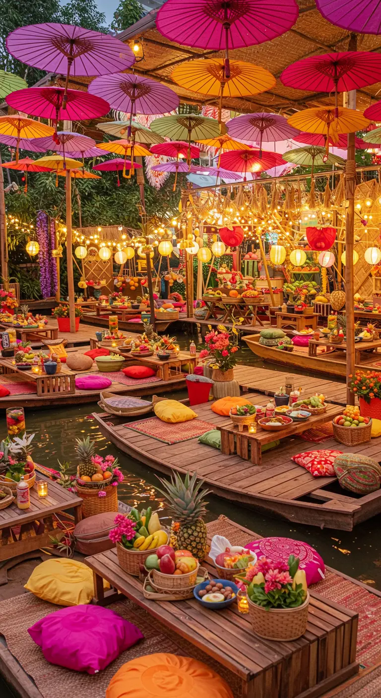 Village flottant coloré avec tables basses sur pontons, ombrées et lampions multicolores et paniers de fruits.