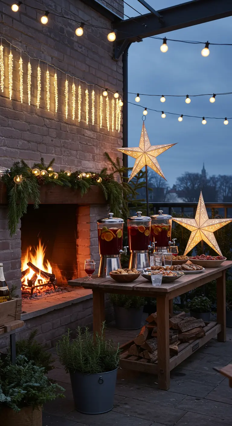 Terrasse d'hiver avec cheminée, étoiles lumineuses et buffet de boissons chaudes.
