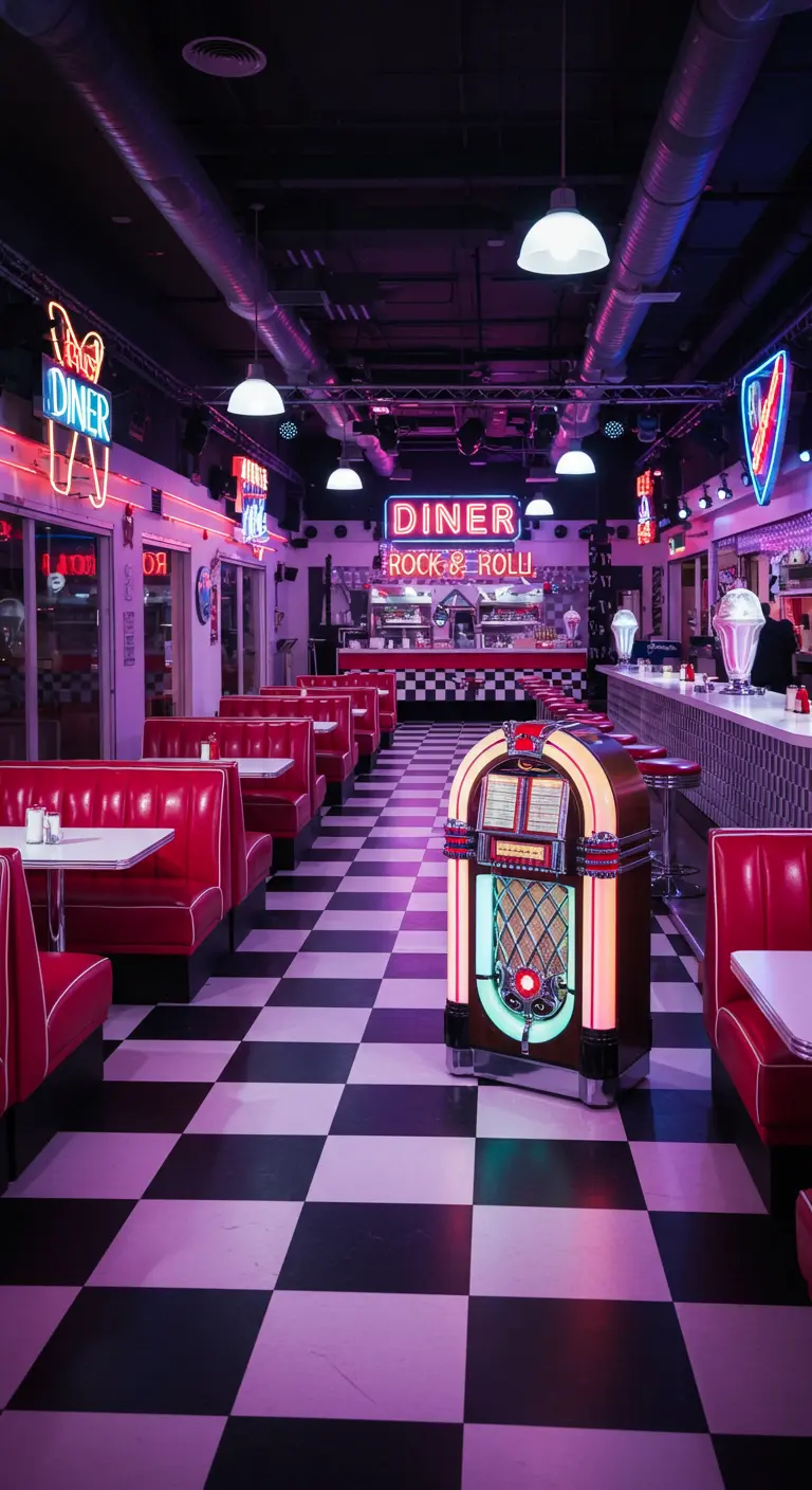 Intérieur de diner américain avec banquettes rouges et jukebox.
