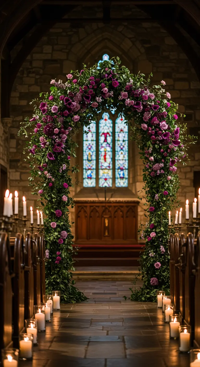 Arche de fleurs violettes et roses dans une église en pierre.