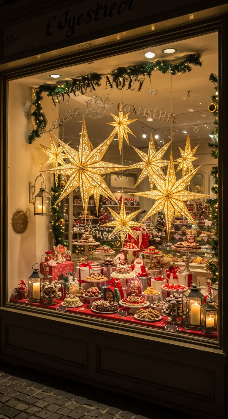 Vitrine de pâtisserie décorée pour Noël avec des étoiles lumineuses et des gâteaux.