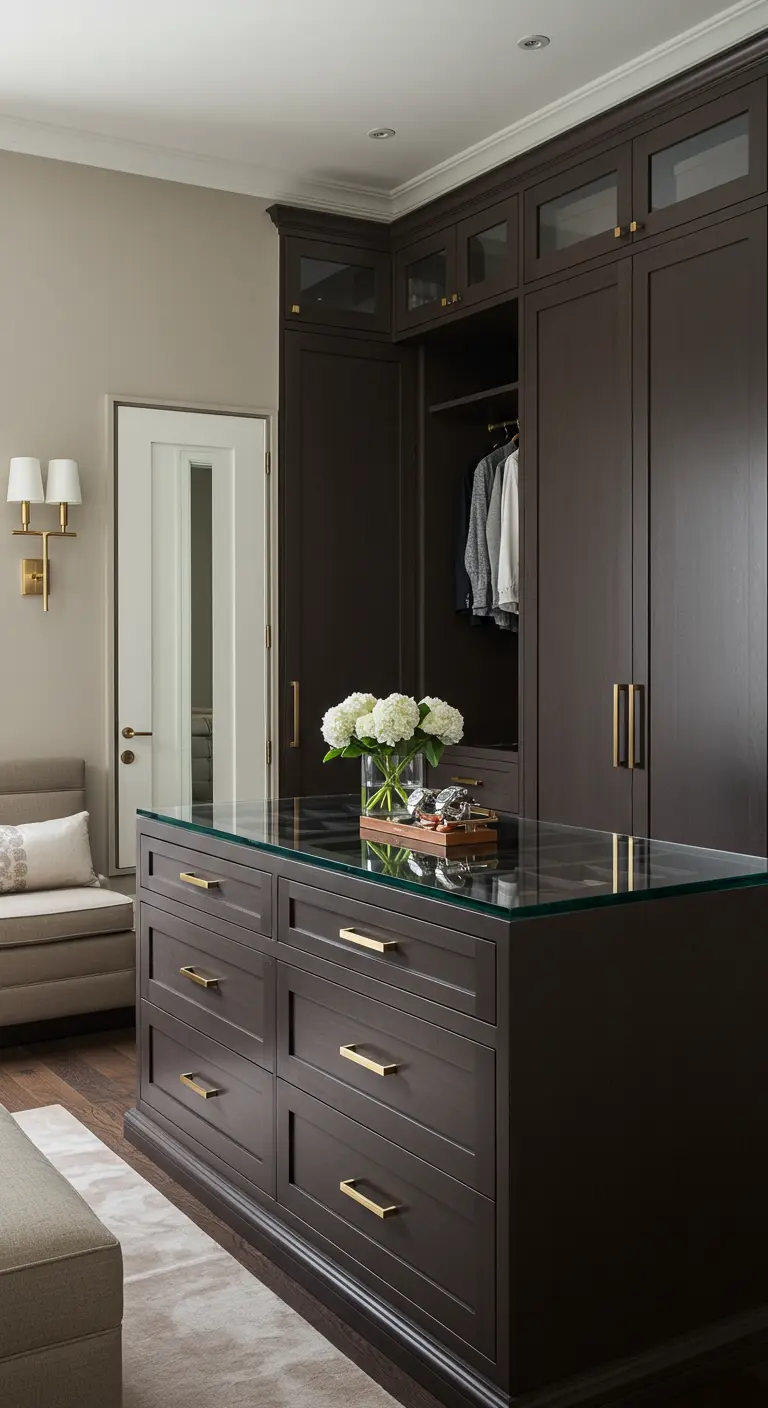 Dressing en bois foncé, îlot central en verre, poignées dorées, fauteuil crème.