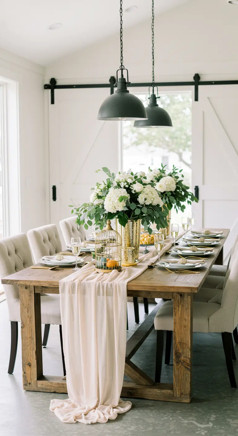 Chemin de table en voile crème tombant au sol, centre de table floral blanc et vert, accents dorés.