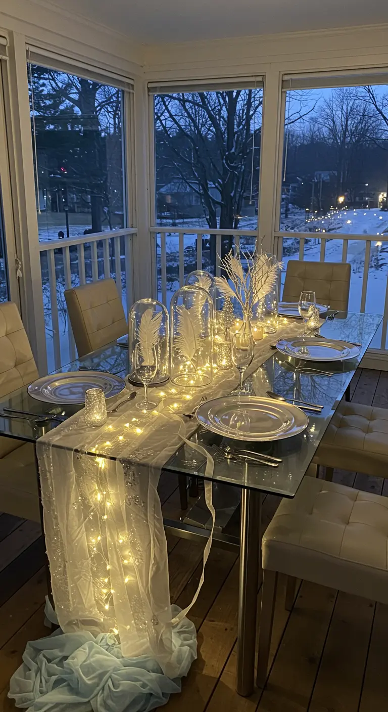 Table en verre avec un chemin de table en tulle illuminé par une guirlande LED.