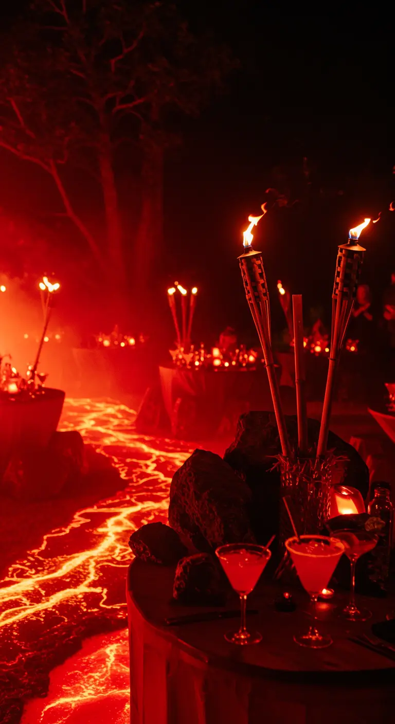 Ambiance de fête rougeoyante simulant de la lave, avec des torches et des cocktails rouges.