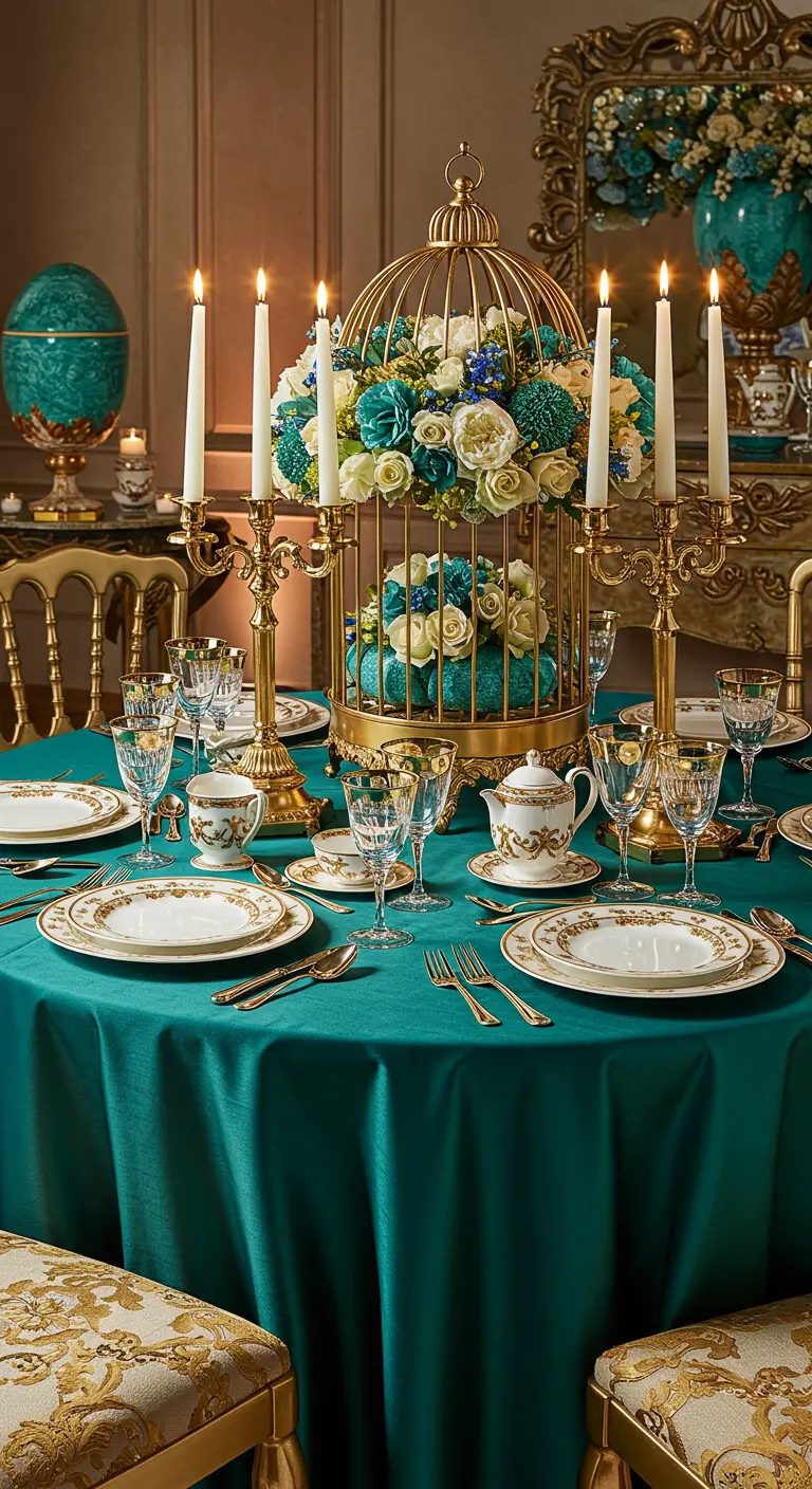 Centre de table composé d'une cage à oiseau dorée remplie de fleurs, sur une nappe vert d'eau.