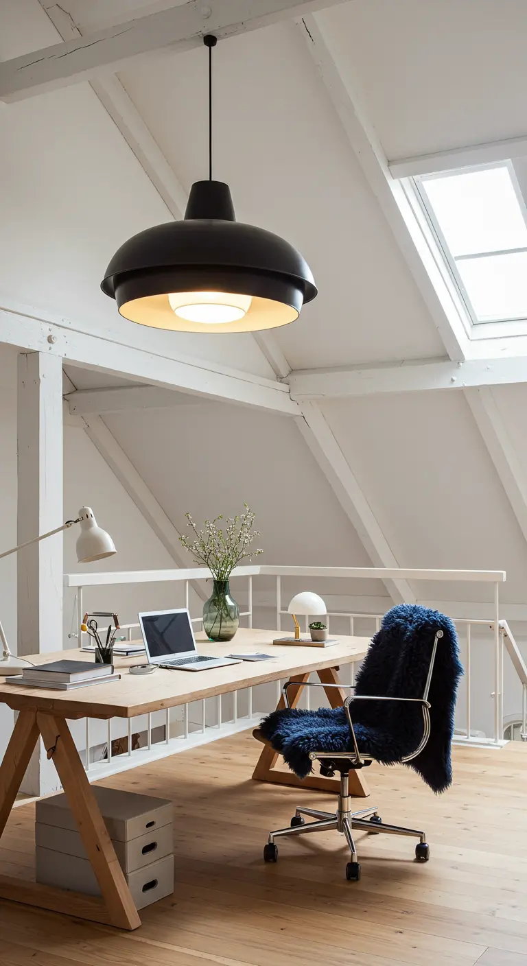 Grand bureau en bois dans un loft blanc avec une suspension noire et une peau de mouton bleue.