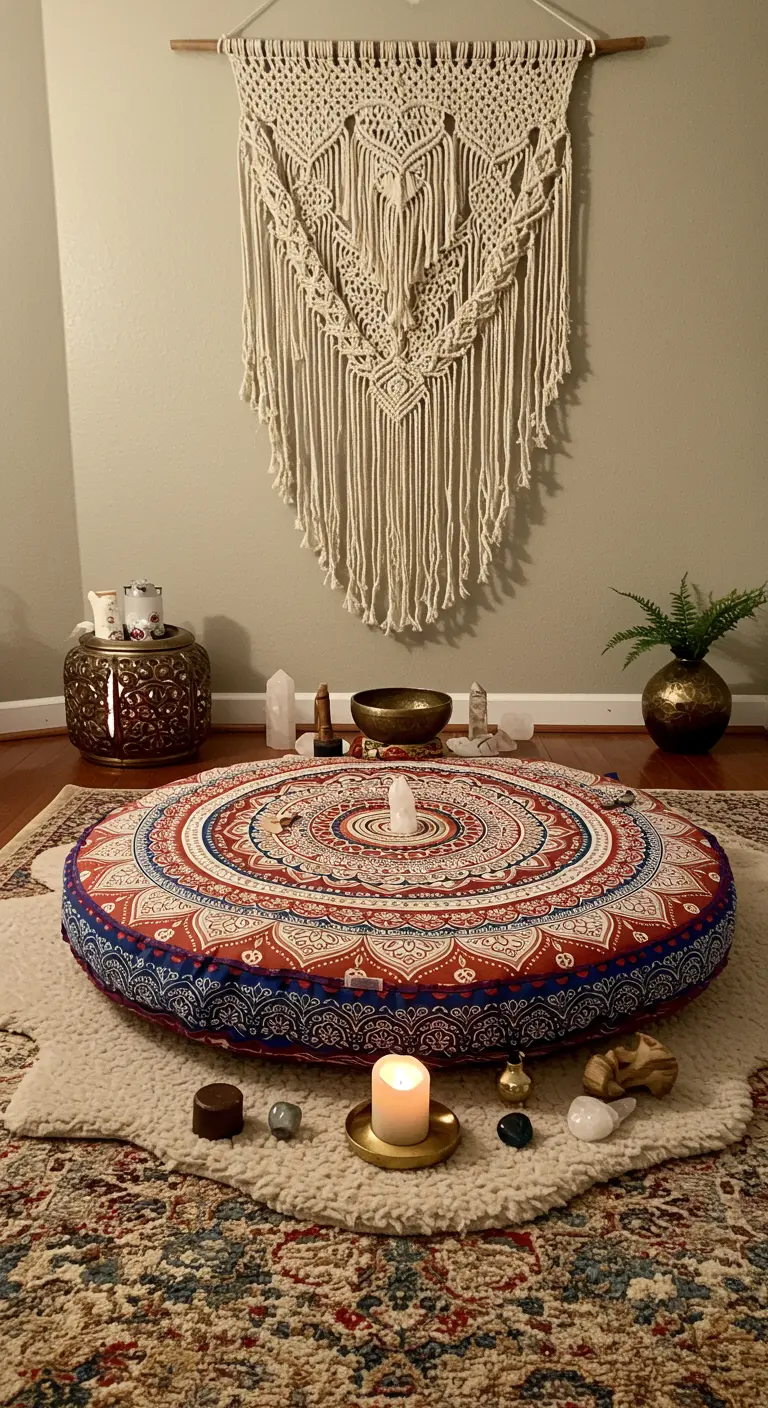 Coin méditation avec un coussin de sol, un macramé mural, des cristaux et une bougie.