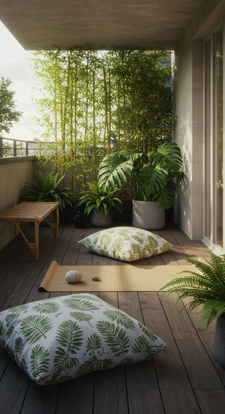 Coin méditation sur un balcon avec un tapis de yoga, des coussins de sol et des plantes vertes.