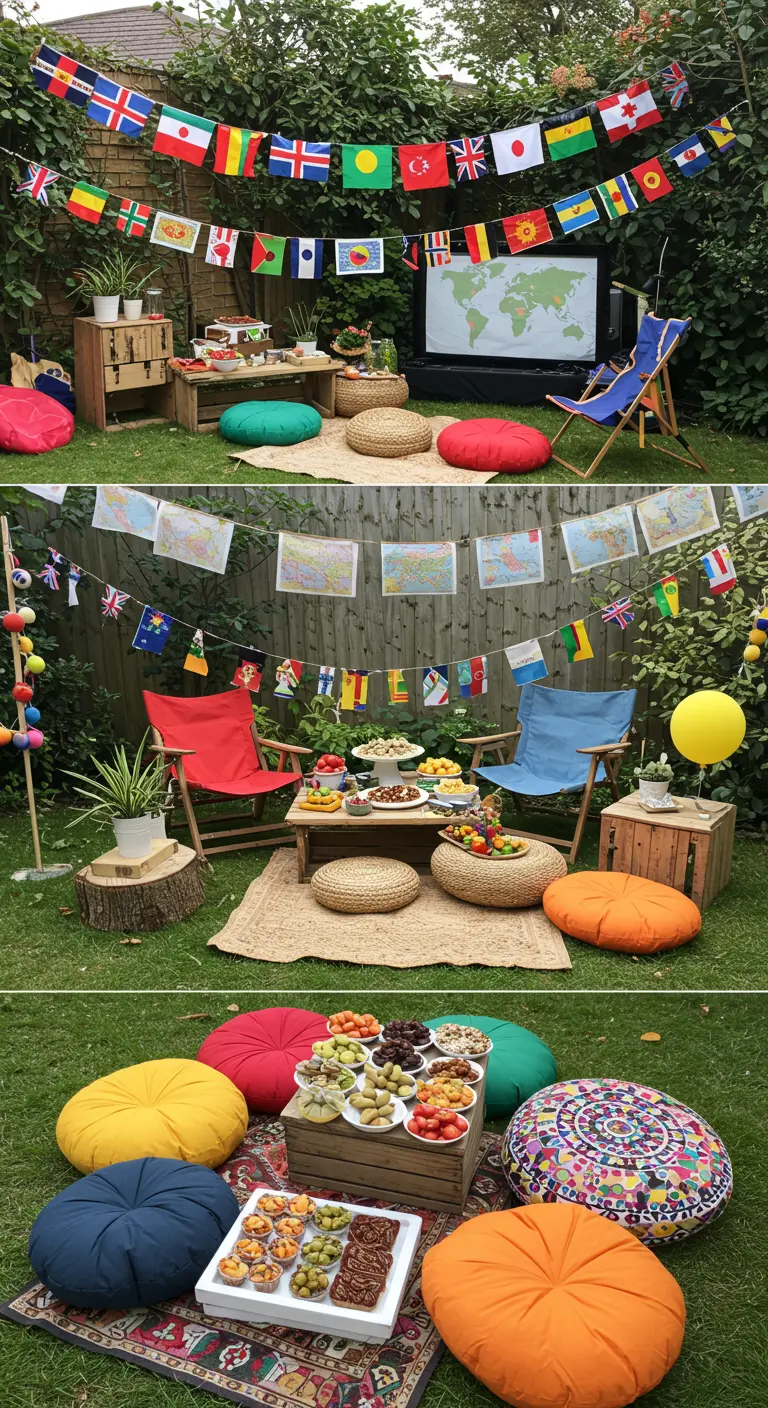 Décor de fête sur le thème du voyage avec une guirlande de drapeaux et des cartes du monde.