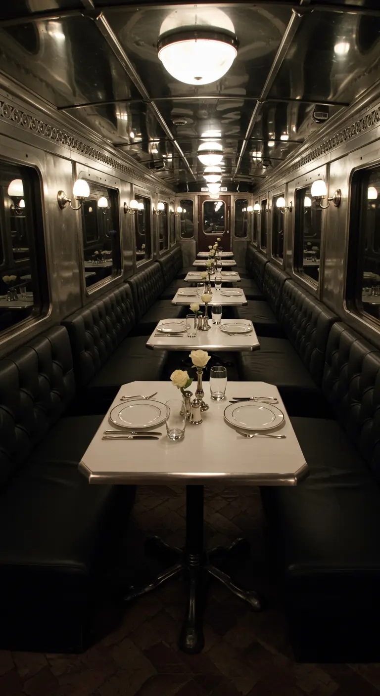 Intérieur d'un wagon-restaurant vintage avec des tables dressées.