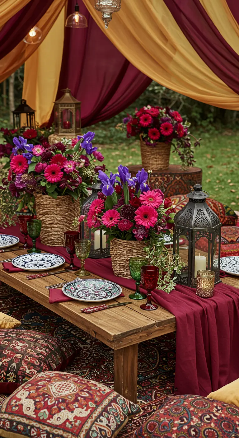 Table basse orientale avec chemin de table rouge, paniers de fleurs vives, coussins et lanternes.