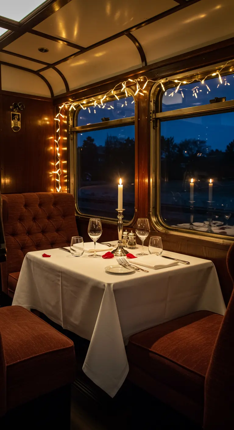 Table pour deux dans un wagon de train vintage avec une guirlande.