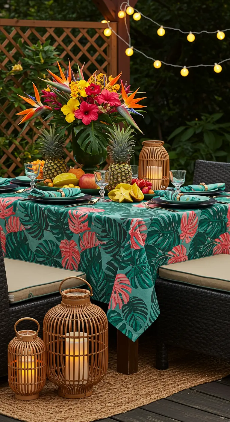 Table tropicale avec nappe à motifs de feuilles, fleurs exotiques, ananas et lanternes en rotin au sol.