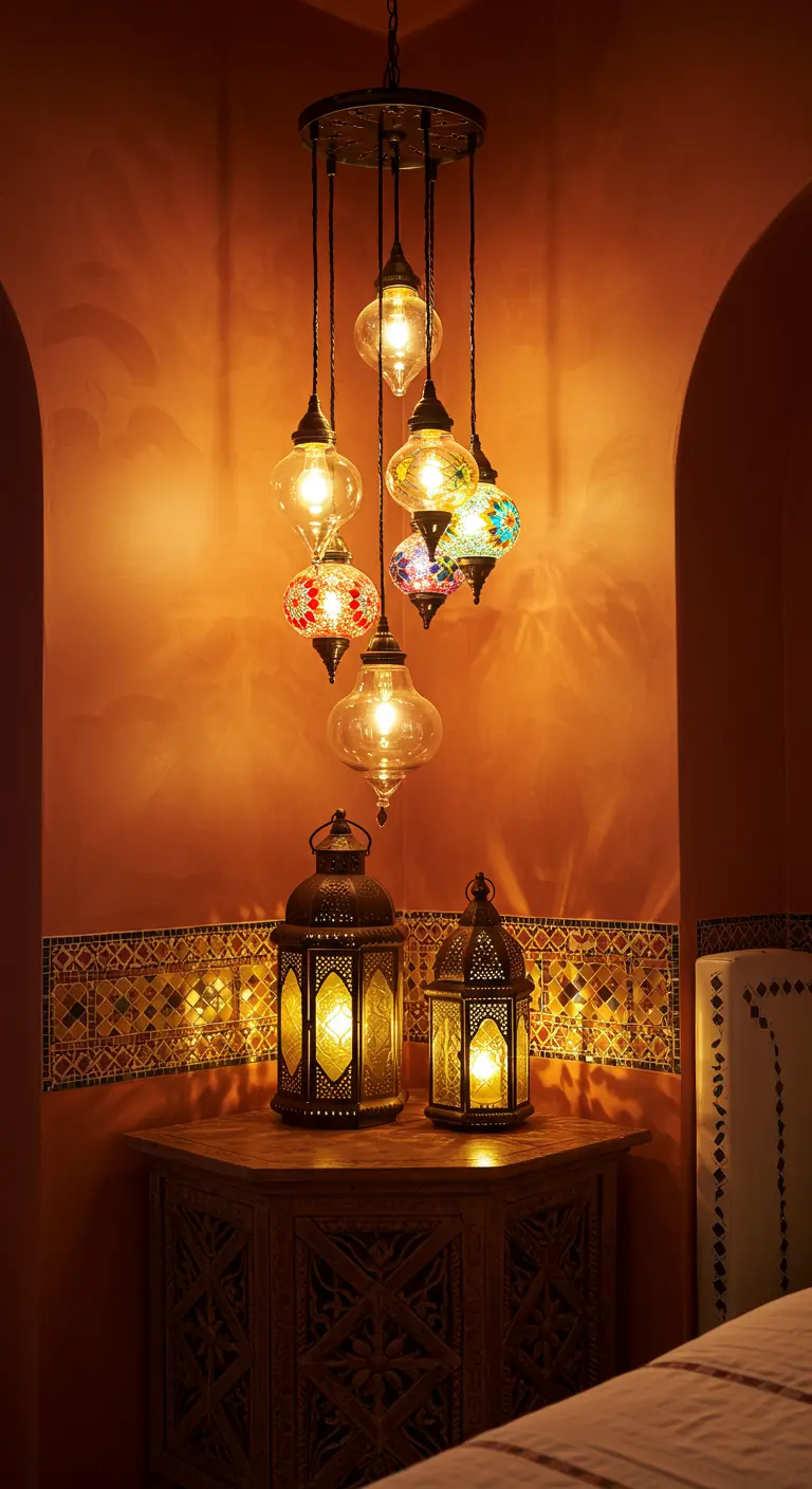 Coin de chambre style marocain avec suspension colorée et deux grandes lanternes ajourées sur un meuble en bois.