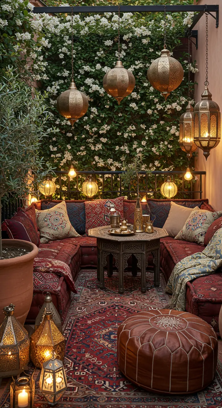 Patio marocain avec banquettes basses, tapis persan, lanternes en métal et mur végétal fleuri.
