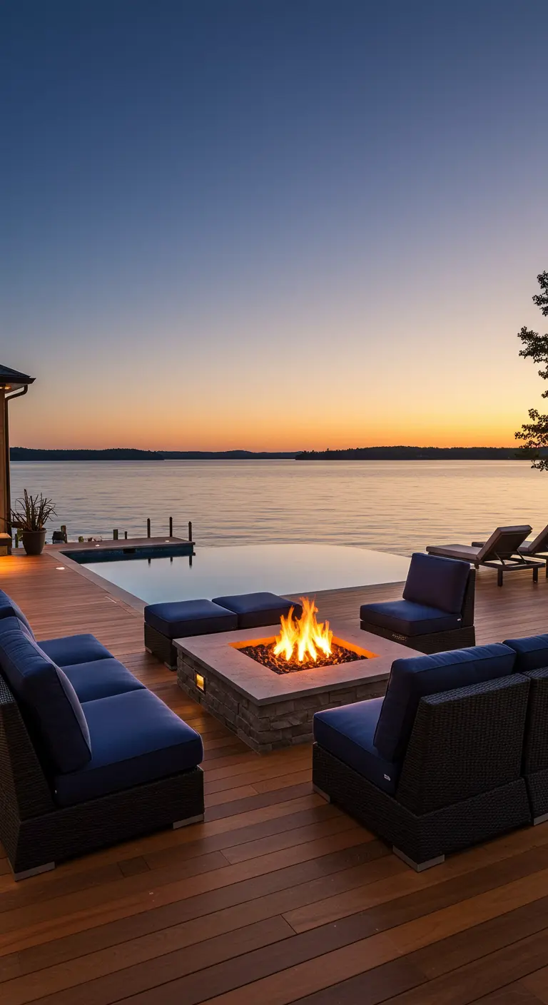 Terrasse en bois avec foyer encastré, canapés bleus et vue sur un lac au coucher du soleil.