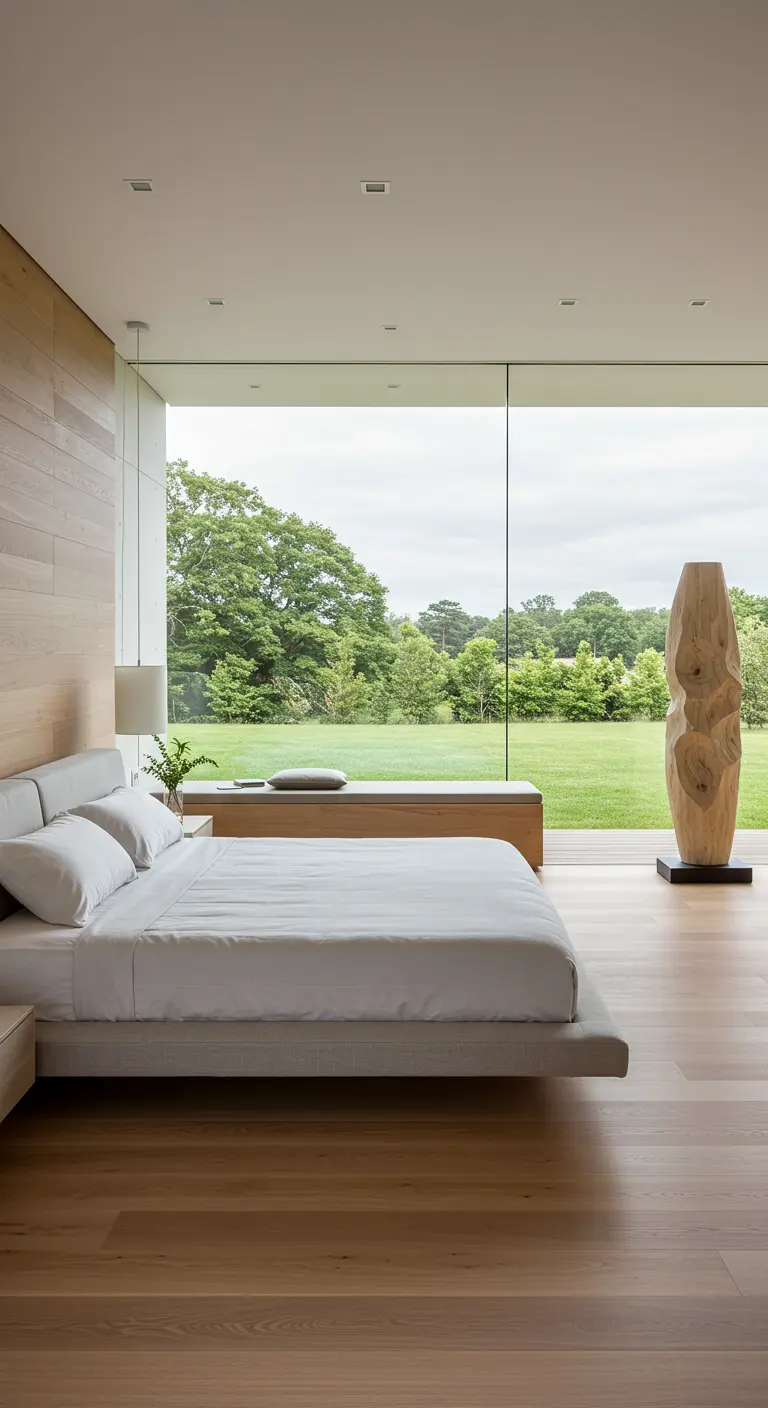 Chambre moderne et épurée avec une immense baie vitrée donnant sur la verdure.