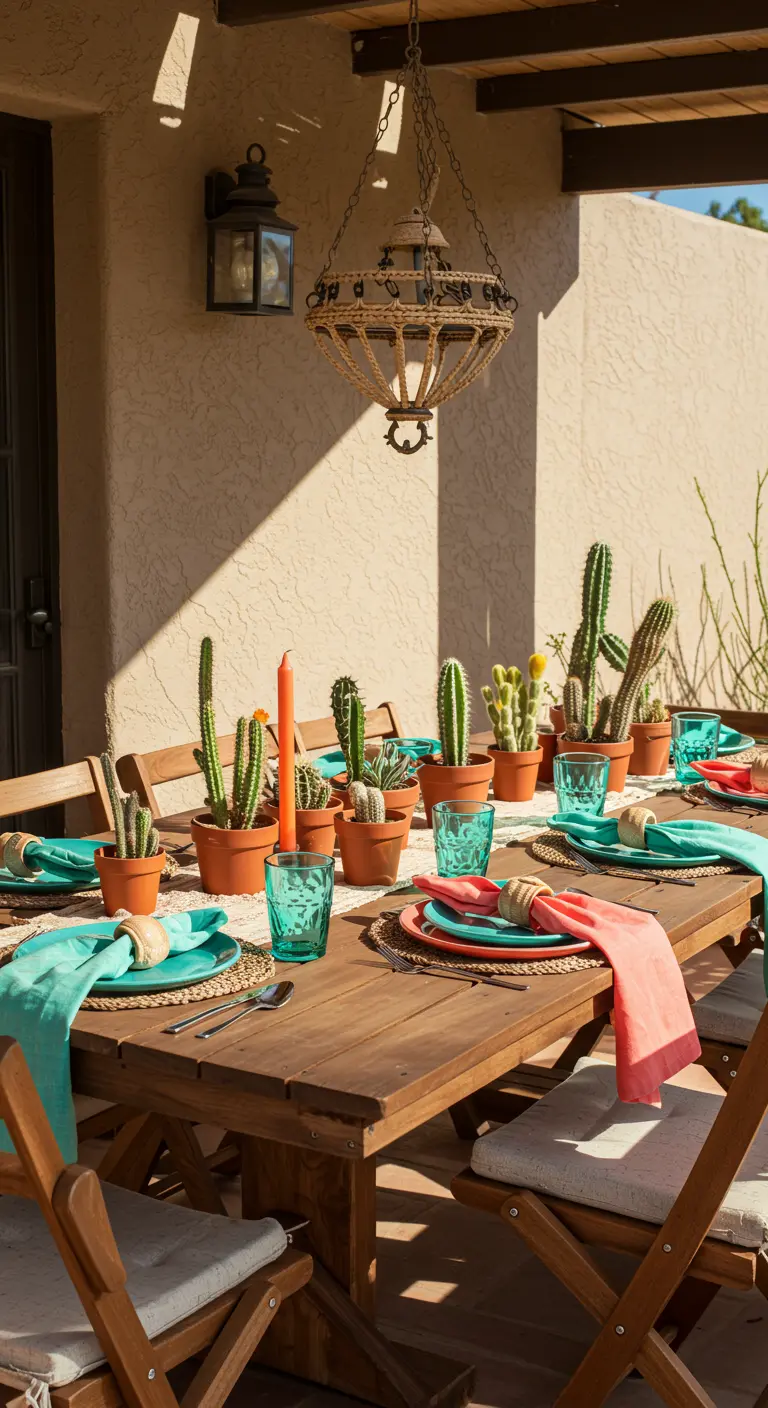 Table de brunch en bois décorée de nombreux petits cactus en pot et de vaisselle turquoise.