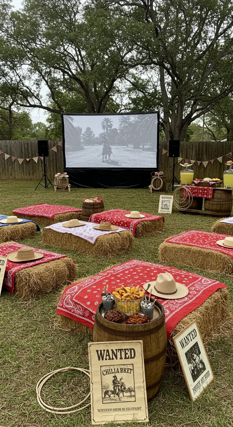 Cinéma en plein air sur le thème du western avec des bottes de paille et des bandanas.