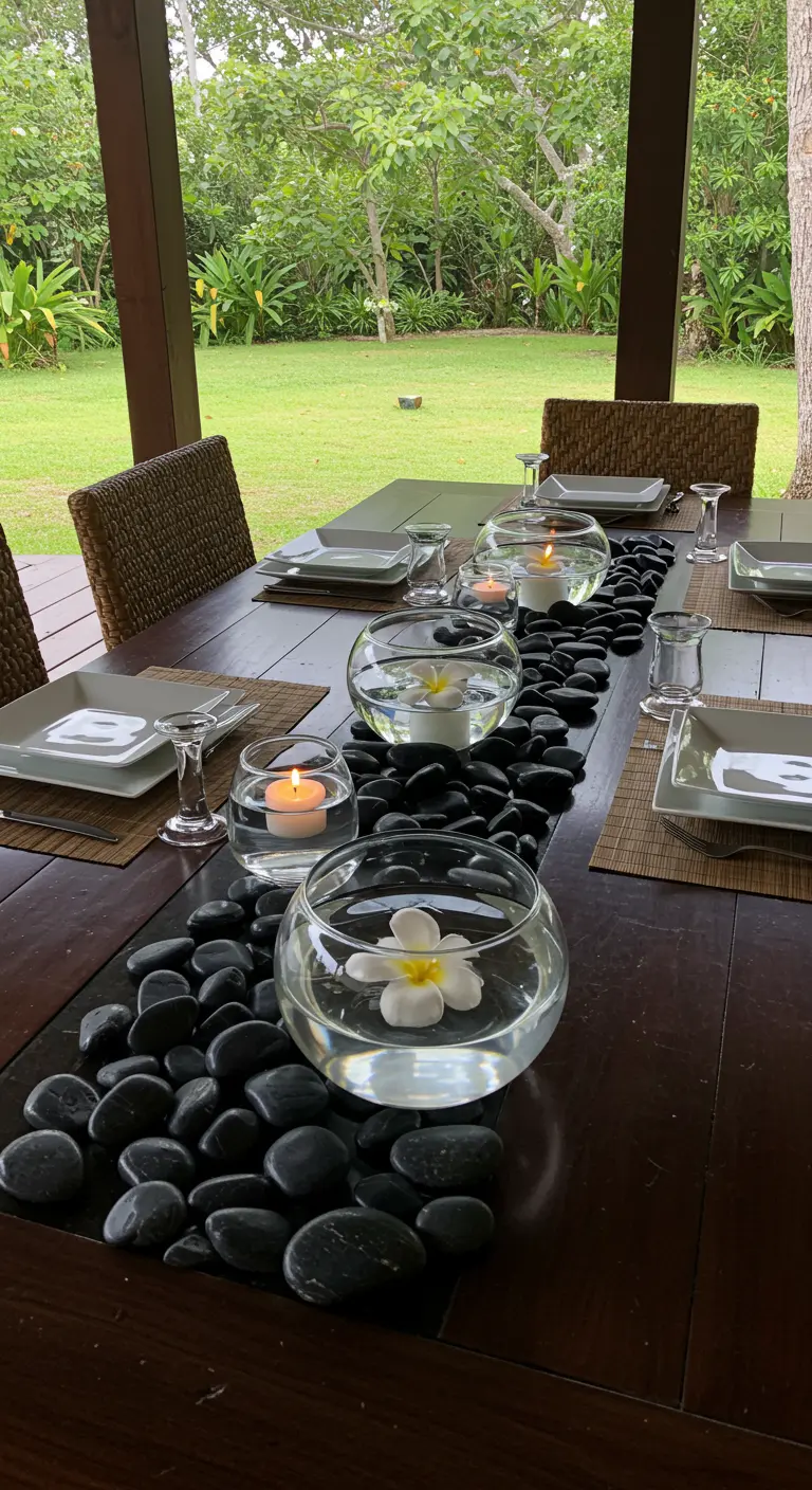 Centre de table zen avec galets noirs, boules en verre et bougies flottantes.
