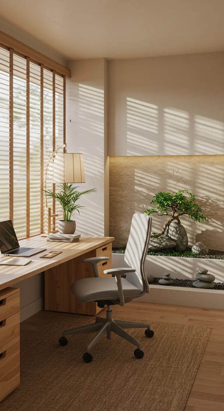 Bureau zen avec mobilier en bois clair, grand bonsaï, jardin de galets éclairé et stores en bois.