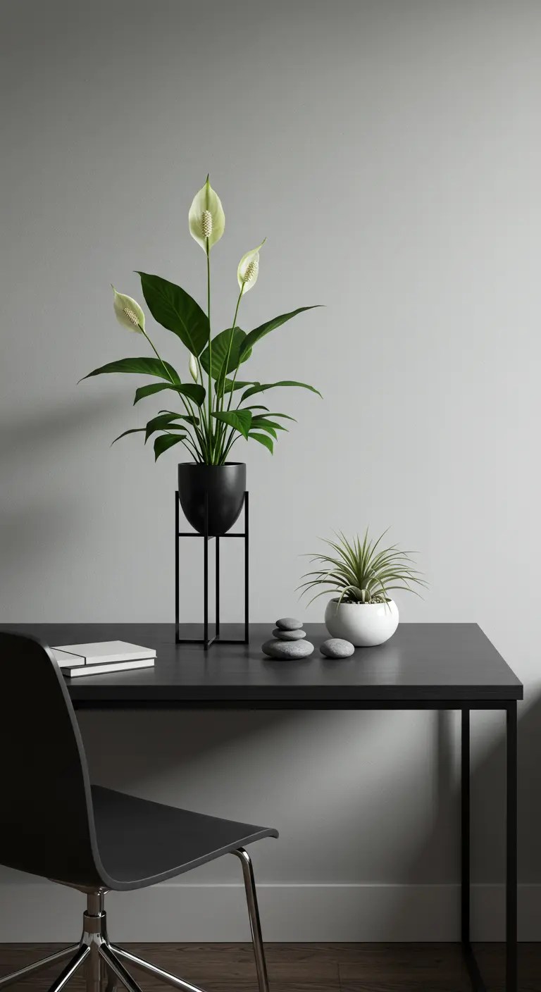 Lys de la Paix dans un pot noir sur pied, plante aérienne dans un bol blanc avec des galets sur un bureau noir.