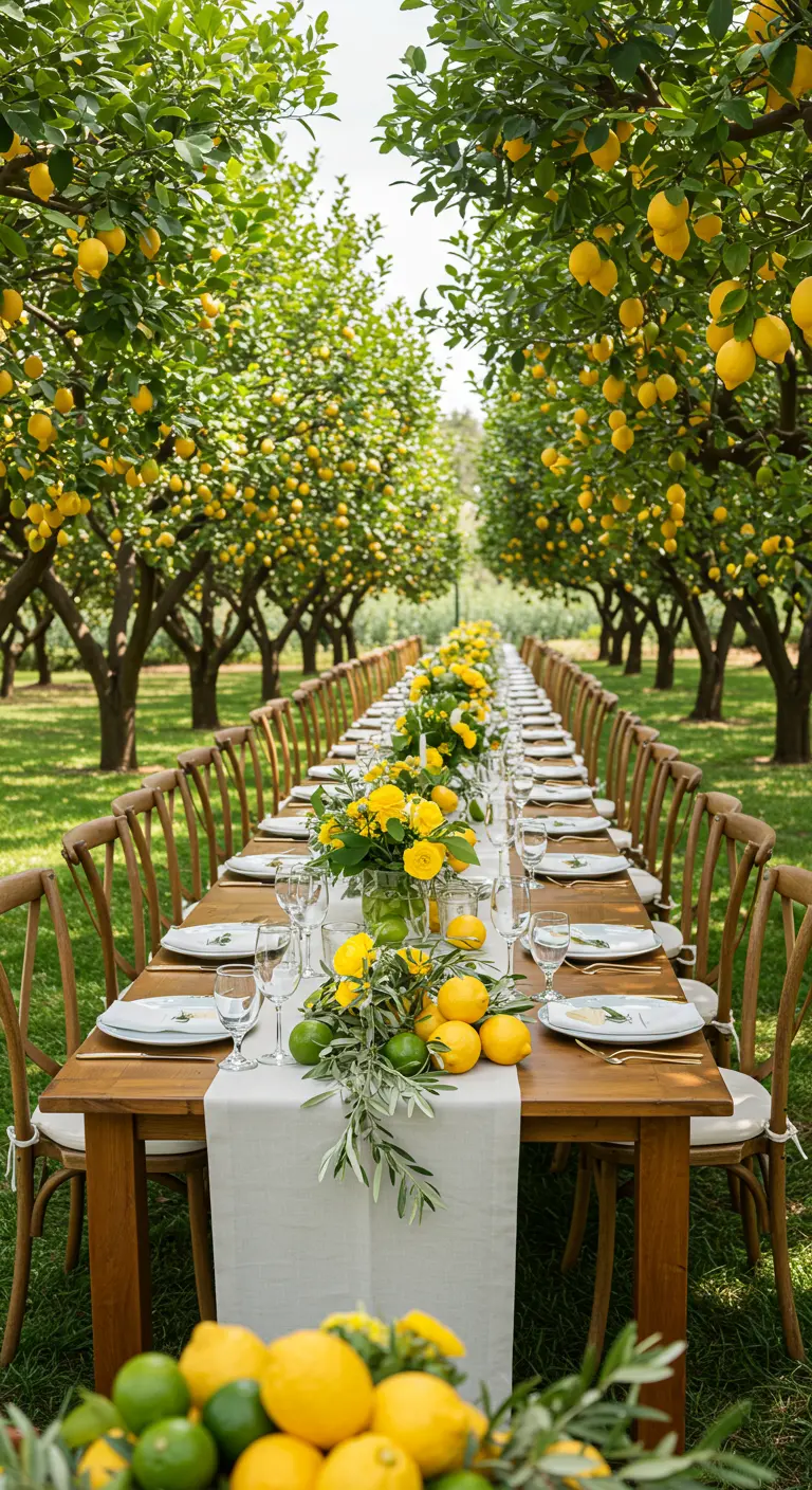 Longue table de mariage dans une citronneraie, décorée de citrons et de fleurs jaunes.