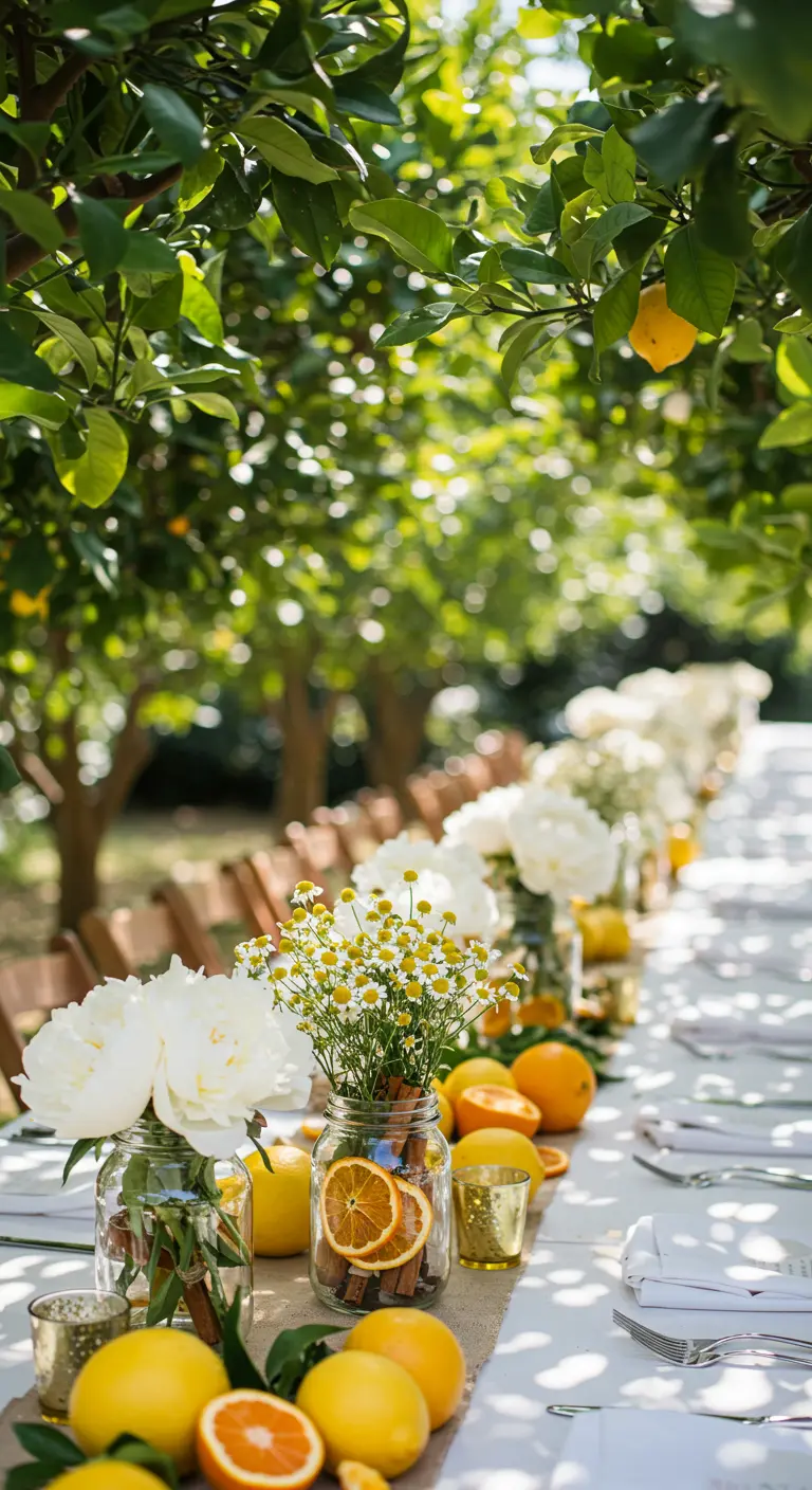 Table décorée de bouquets de fleurs blanches, de citrons et d'oranges dans un verger.