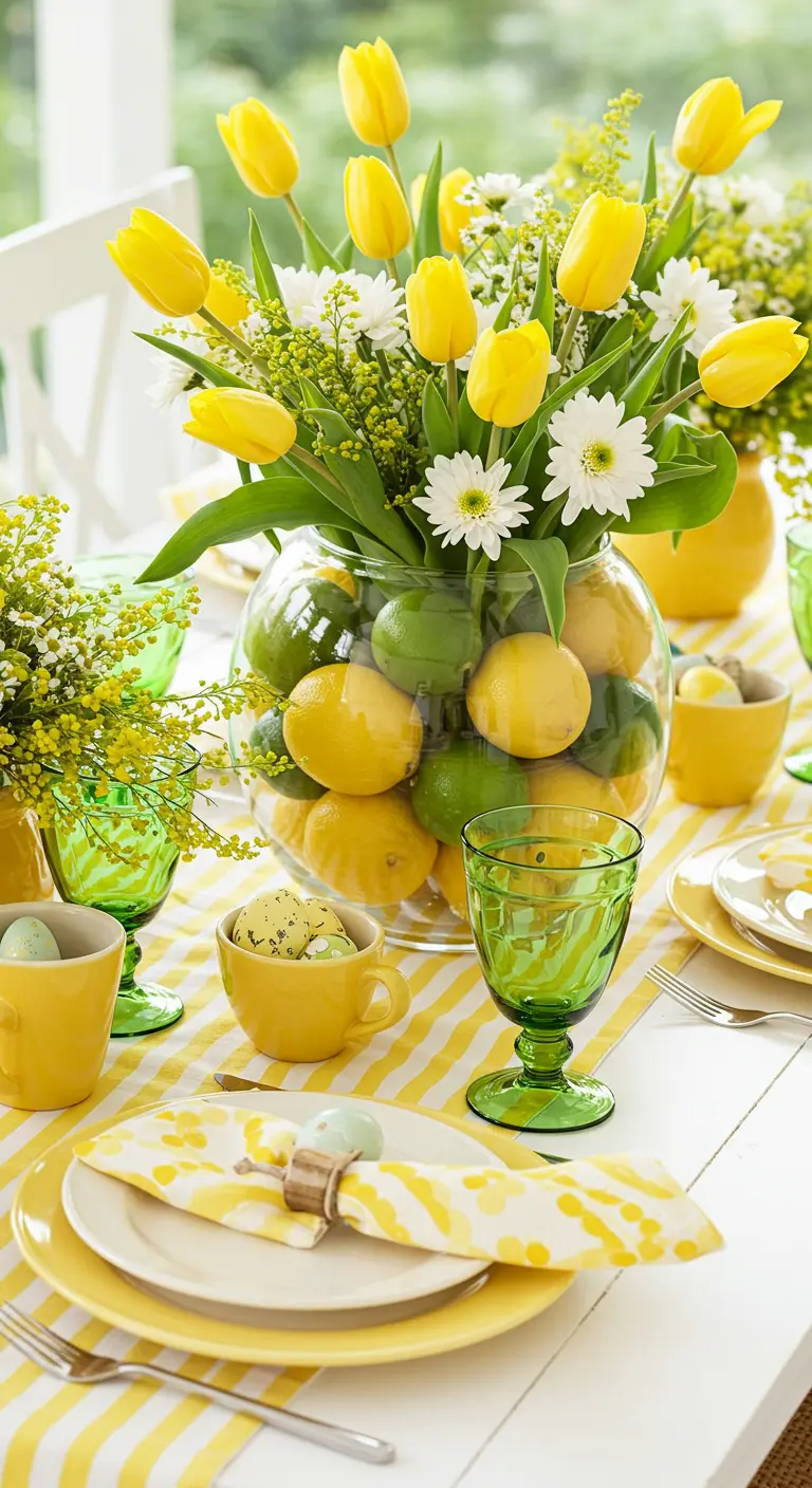 Grand vase en verre rempli de citrons et de tulipes jaunes sur une table de Pâques jaune et blanche.