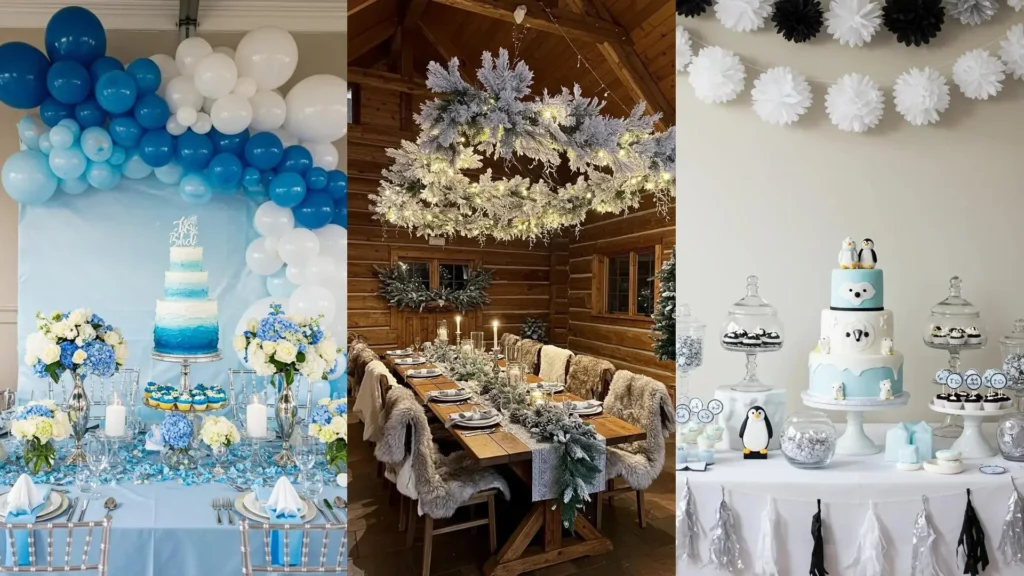 Décoration d'anniversaire d'hiver avec guirlandes givrées, table élégante et centres de table argentés.