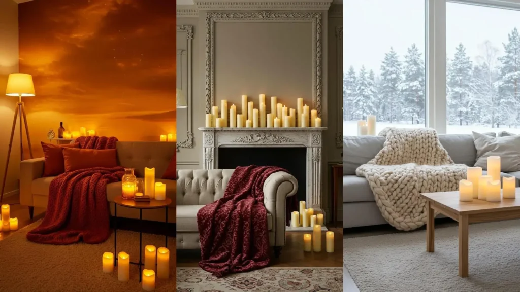 Salon cosy automne-hiver avec plaids épais et bougies LED pour une ambiance chaleureuse.