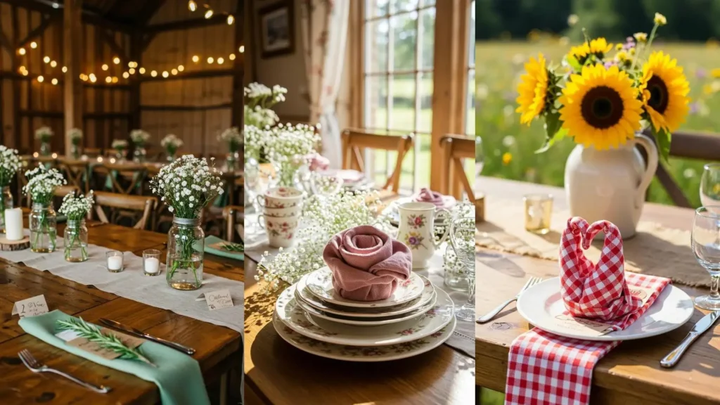 Trois exemples de pliages de serviettes créatifs (rose, cœur, rustique) pour un mariage champêtre. Ambiance DIY photogénique.